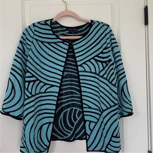 MING WANG size L  Aqua & Black 3/4 sleeve Jacket w/ Paillettes